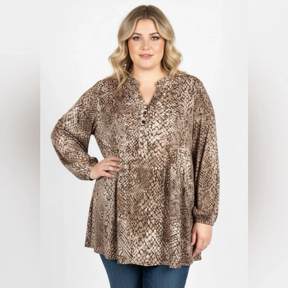 Established‎ 1962 Top Womens 2X Brown Babydoll Tunic Snakeskin Flowy Office Wear